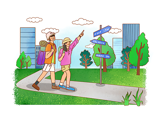 전신 PSD 나무 구름 여자 남자 길 일러스트 배낭 빌딩 성인 두명 건물 여름 여름휴가 걷기 가리킴 표지판 풀 배낭여행 성인만 국내일러스트 자연요소 식물 건축물 계절 여행 가방 모션 휴가 알림판 사람 손짓 파일형식 여름_계절