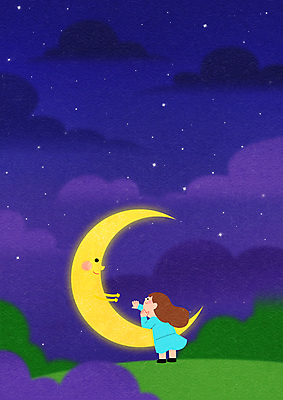 전신 PSD 구름 여자 어린이 일러스트 밤하늘 한명 서기 소녀 턱괴기 달 풀 야간 초승달 어린이상상 손뻗기 소녀한명만 동심 국내일러스트 자연요소 식물 1 모션 상상 하늘 사람 여자한명만 소녀만 파일형식