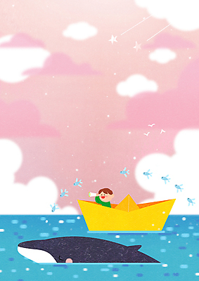 PSD 구름 남자 별 어린이 바다 일러스트 하늘 항해 한명 들기 소년 상반신 망원경 승차 고래 종이배 어린이상상 날치 소년한명만 동심 국내일러스트 자연요소 1 배_교통 포유류 모션 상상 어류 사람 수중동물 종이접기 남자한명만 소년만 파일형식