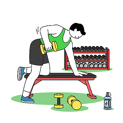 전신 남자 일러스트 한명 들기 성인 운동복 헬스 아령 무릎꿇기 웨이트트레이닝 물통 진열장 등운동 자기관리 성인남자한명만 로우덤벨 국내일러스트 AI파일 1 옷 모션 사람 운동 남자한명만 성인남자만 파일형식 벡터 운동자세