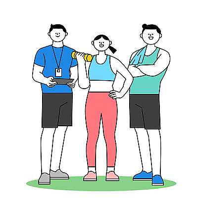 전신 여자 남자 허리손 일러스트 서기 들기 성인 세명 운동복 수건 팔짱 헬스 아령 트레이너 자기관리 성인만 국내일러스트 AI파일 옷 포즈 모션 사람 위생용품 운동 파일형식 벡터