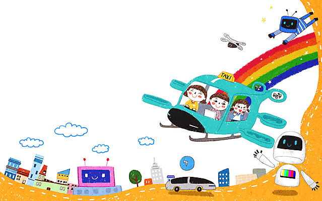 PSD 나무 구름 여자 남자 어린이 교통 무지개 일러스트 미래 소녀 소년 상반신 건물 세명 비행 도시 승차 로봇 택시 손인사 드론 미래자동차 전기자동차 어린이만 AI_인공지능 국내일러스트 자연요소 식물 건축물 컨셉 모션 승용차 자동차 사람 인사 파일형식