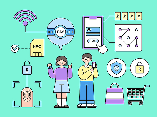 전신 여자 남자 말풍선 일러스트 손가락 무선통신 자물쇠 서기 들기 성인 두명 스마트폰 쇼핑 쇼핑백 쇼핑카 가리킴 신용카드 메모리칩 암호 스마트 보안 와이파이 결제 커서 따봉 방패 편리함 잠금해제 지문 지문인식 스마트워치 핀테크 성인만 스마트페이 국내일러스트 AI파일 손 컨셉 가방 통신 모션 모바일 안전 사람 손짓 금융 핸드폰 스마트기기 카트 최고 부속품 무선인터넷 생체인식기술 웨어러블 파일형식 벡터