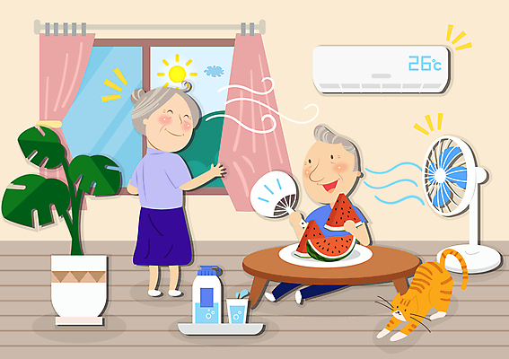 전신 한마리 여자 할아버지 노년 남자 화분 할머니 일러스트 창문 식탁 바람 수박 서기 미소 들기 앉기 두명 여름 태양 건강관리 고양이 커튼 오픈 부채 선풍기 에어컨 물병 물컵 노후건강 부채질 환기 노인만 국내일러스트 AI파일 자연요소 1 계절 과일 포유류 모션 탁자 날씨 표정 건강 관리 사람 성인 컵 노후 반려동물 가전제품 물통 성인만 파일형식 벡터