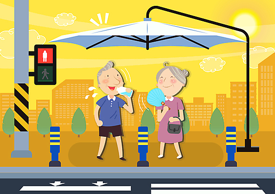 전신 여자 할아버지 노년 남자 할머니 허리손 일러스트 서기 들기 두명 건물 여름 태양 노란색 건강관리 핸드백 마시기 부채 횡단보도 더위 그늘 신호등 물병 전봇대 노후건강 부채질 노인만 그늘막 국내일러스트 AI파일 자연요소 건축물 계절 공공시설 컬러 포즈 가방 모션 날씨 건강 관리 사람 성인 노후 보행로 물통 성인만 파일형식 벡터