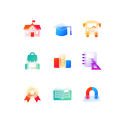 아이콘 교육 학사모 학교 책가방 사람없음 책 컬러풀 스쿨버스 배지 스프링노트 삼각자 U자형자석 시상대 글래스모피즘 2D아이콘 AI파일 모자_잡화 디자인 컬러 가방 졸업 버스 자 공책 자석 파일형식 벡터