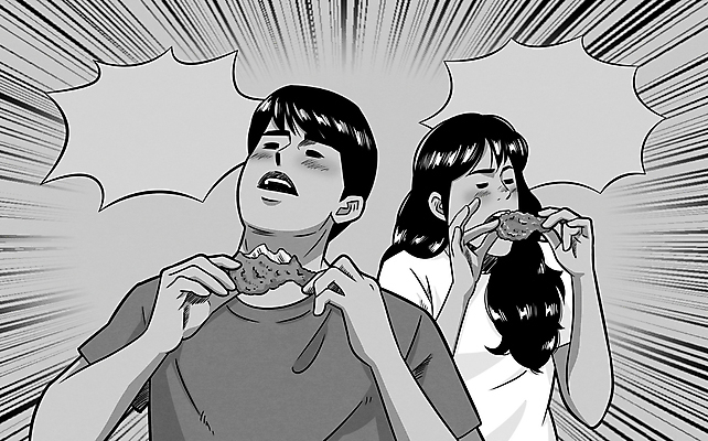 PSD 여자 남자 말풍선 일러스트 들기 상반신 성인 두명 치킨 회색 유머 만화 먹기 코믹 열정 닭다리 감탄 성인만 카피스페이스 맛있는 국내일러스트 감정 컬러 모션 사람 공백 닭고기요리 파일형식