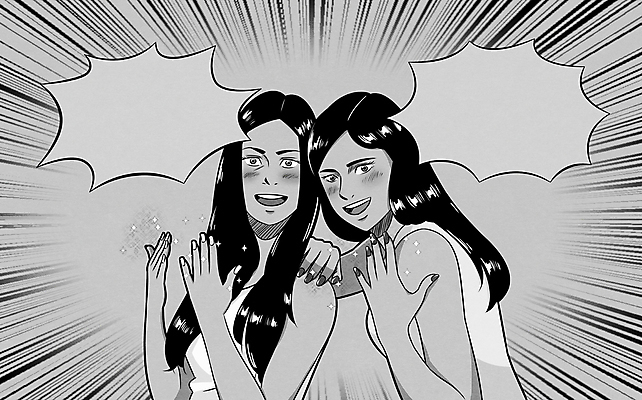 PSD 여자 말풍선 일러스트 미소 웃음 상반신 성인 두명 손들기 회색 유머 네일아트 손톱 만화 코믹 열정 보여주기 성인여자만 어깨에손 카피스페이스 국내일러스트 손 감정 컬러 모션 표정 사람 뷰티 공백 여자만 성인만 파일형식