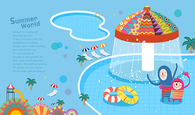 전신 어린이 하늘색 일러스트 물놀이 수영장 두명 여름 야자수 만세 분수대 선베드 상상캐릭터 튜브 워터파크 어린이만 국내일러스트 일러캐릭터 AI파일 나무 캐릭터 계절 의자 모션 상상 놀이 사람 파란색 파일형식 벡터