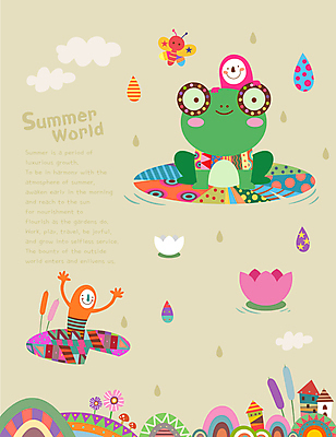 전신 구름 어린이 일러스트 주택 연꽃 개구리 상반신 두명 여름 만세 물방울 연못 비 빗방울 연잎 상상캐릭터 어린이만 국내일러스트 일러캐릭터 AI파일 자연요소 캐릭터 계절 꽃 잎 모션 상상 날씨 양서류 사람 건물 비_날씨 파일형식 벡터