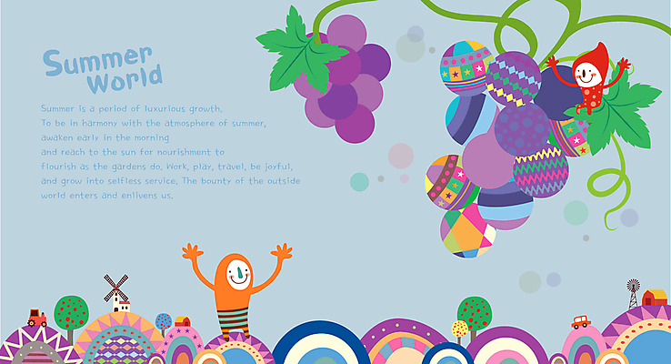 전신 어린이 일러스트 포도 두명 여름 농장 만세 풍차 덩굴 승차 상상캐릭터 포도나무 어린이만 국내일러스트 일러캐릭터 AI파일 식물 캐릭터 계절 농업 과일 모션 상상 사람 과일나무 파일형식 벡터