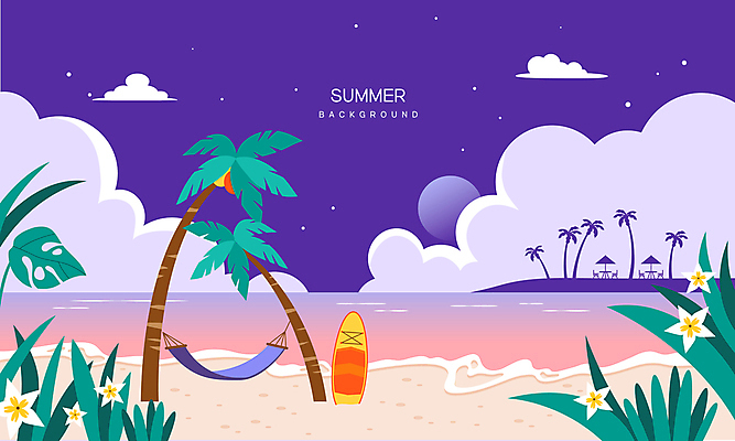 구름 꽃 바다 백그라운드 야경 일러스트 밤하늘 사람없음 여름휴가 야자수 보라색 달 서핑보드 풀잎 해먹 여름밤 트로피컬아트 국내일러스트 AI파일 자연요소 나무 식물 컬러 잎 하늘 휴가 여름 침대 보드_스포츠 풀_식물 야간 그림 파일형식 벡터 여름_계절 풍경_경치