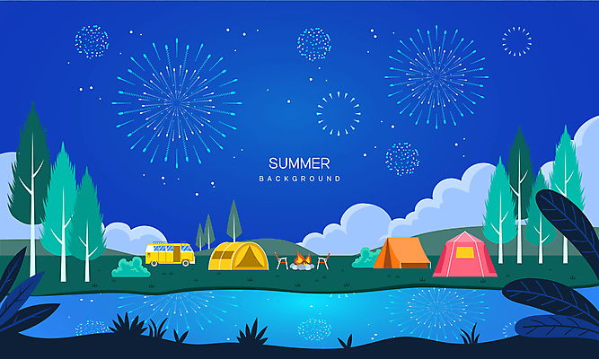 나무 구름 백그라운드 야경 일러스트 밤하늘 불꽃놀이 텐트 사람없음 파란색 여름휴가 강 풀잎 모닥불 캠핑장 캠핑카 국내일러스트 AI파일 자연요소 식물 컬러 잎 자동차 놀이 하늘 불 휴가 캠핑도구 캠핑 풀_식물 야간 파일형식 벡터 여름_계절 풍경_경치