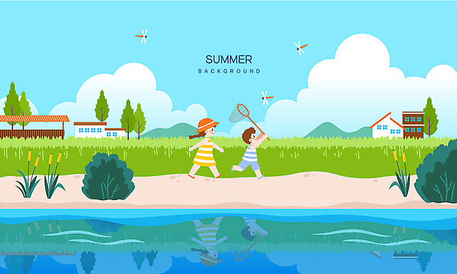 전신 여자 남자 어린이 백그라운드 일러스트 주택 논 여름방학 들기 풍경 소녀 소년 두명 여름휴가 강 달리기 반사 시골 잠자리 곤충채집 채집망 잠자리잡기 어린이만 국내일러스트 AI파일 곤충 농업 모션 방학 휴가 사람 건물 수집 파일형식 벡터 여름_계절