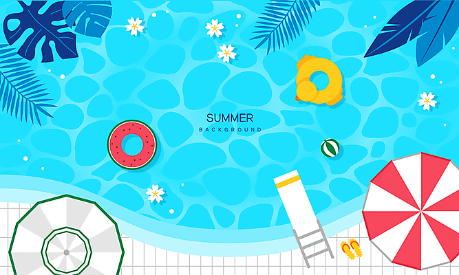 꽃 하늘색 백그라운드 일러스트 나뭇잎 수영장 사람없음 여름휴가 파라솔 쪼리 튜브 다이빙대 트로피컬아트 국내일러스트 AI파일 식물 잎 휴가 파란색 샌들 그림 다이빙 파일형식 벡터 여름_계절