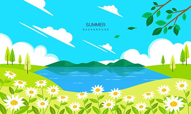 구름 꽃 호수 하늘색 백그라운드 일러스트 자연 하늘 나뭇잎 산 풍경 사람없음 여름 나뭇가지 국내일러스트 AI파일 자연요소 나무 식물 계절 잎 파란색 생태계 파일형식 벡터