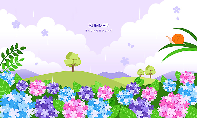 나무 구름 백그라운드 일러스트 자연 하늘 풍경 사람없음 풀잎 비 언덕 달팽이 수국 연보라색 국내일러스트 AI파일 자연요소 식물 꽃 잎 날씨 연체동물 보라색 풀_식물 생태계 파일형식 벡터