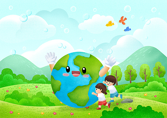 전신 PSD 나무 구름 캐릭터 여자 남자 지구 어린이 일러스트 조류 하늘 산 미소 소녀 소년 초원 두명 초록색 만세 물방울 비눗방울 밀기 어린이만 국내일러스트 일러캐릭터 자연요소 식물 동물 컬러 모션 표정 사람 파일형식