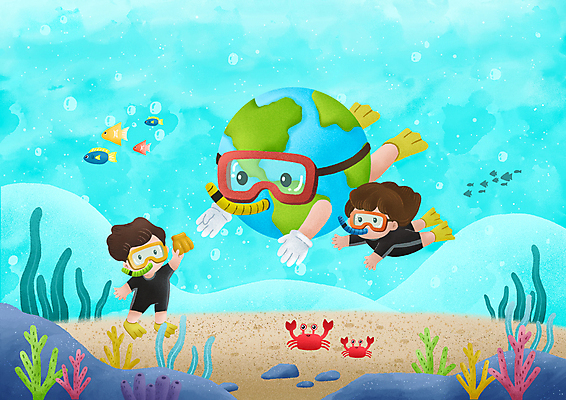 전신 PSD 캐릭터 여자 남자 지구 어린이 하늘색 일러스트 조개 어류 들기 소녀 소년 두명 바닷속 수영 꽃게 조약돌 산호초 잠수 잠수복 잠수경 어린이만 줍기 국내일러스트 일러캐릭터 옷 모션 어패류 사람 파란색 수중 수중동물 게 돌_바위 수상스포츠 수중식물 물안경 파일형식