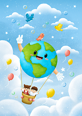 PSD 구름 캐릭터 여자 남자 별 지구 어린이 하늘색 일러스트 조류 하늘 미소 소녀 소년 상반신 두명 물방울 열기구 비눗방울 승차 브이 손인사 풍선 어린이만 국내일러스트 일러캐릭터 자연요소 동물 항공교통 모션 표정 사람 손짓 파란색 인사 파일형식