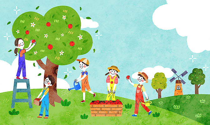 전신 PSD 나무 구름 여자 남자 일러스트 사다리 하늘 협력 함께함 들기 여러명 성인 상자 화목 다정 물뿌리개 수확 사회 사과 언덕 물주기 사과나무 과일따기 풍차집 성인만 국내일러스트 자연요소 식물 다수 컨셉 농업 과일 모션 사람 풍차 도구 공동체 파일형식