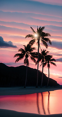 JPG 주간 구름 편집이미지 하늘 풍경 해변 사람없음 야외 여름 야자수 햇빛 일몰 디지털합성 편집소스 편집실사 AI포토 AI콘텐츠 자연요소 나무 계절 바다 태양 노을 CG 파일형식