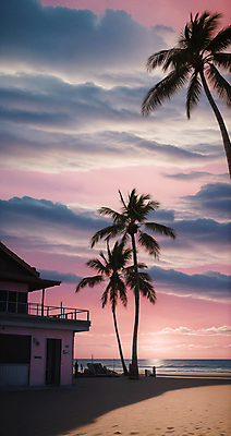 JPG 주간 구름 편집이미지 하늘 주택 풍경 해변 사람없음 야외 여름 야자수 일몰 디지털합성 편집소스 편집실사 AI포토 AI콘텐츠 자연요소 나무 계절 바다 건물 노을 CG 파일형식