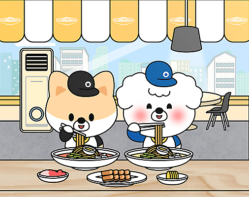 동물캐릭터 두마리 의자 일러스트 젓가락 창문 식탁 김치 조명 들기 사람없음 건물 여름 귀여움 식당 식사 강아지 먹기 에어컨 단무지 개캐릭터 보양식 냉면 젓가락질 국내일러스트 일러캐릭터 AI파일 동물 캐릭터 건축물 계절 한식 음식 가구 컨셉 2 모션 탁자 여름음식 수저 손짓 반려동물 상점 가전제품 개 몸보신 파일형식 벡터