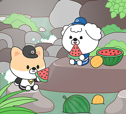 동물캐릭터 두마리 일러스트 휴식 여름음식 수박 들기 앉기 사람없음 여름 귀여움 계곡 바위 풀잎 강아지 먹기 참외 개캐릭터 보양식 국내일러스트 일러캐릭터 AI파일 동물 캐릭터 계절 음식 컨셉 잎 2 과일 모션 반려동물 돌_바위 풀_식물 개 몸보신 파일형식 벡터 여름_계절