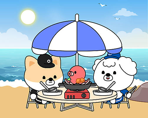 구름 접시 동물캐릭터 두마리 의자 일러스트 젓가락 하늘 여름음식 들기 앉기 해변 사람없음 여름 여름휴가 태양 귀여움 식사 파라솔 강아지 먹기 버너 국자 문어 개캐릭터 보양식 해물탕 원형탁자 국내일러스트 일러캐릭터 AI파일 자연요소 동물 캐릭터 식기 계절 음식 바다 가구 컨셉 2 모션 탁자 주방용품 휴가 연체동물 수저 반려동물 수중동물 개 몸보신 파일형식 벡터 여름_계절