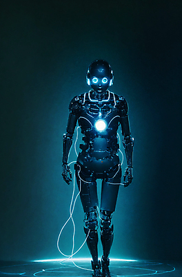 JPG 편집이미지 미래 사람모양 서기 사람없음 빛 디지털 로봇 네온 청록색 휴머노이드 SF AI_인공지능 편집실사 AI컴퓨터그래픽 AI콘텐츠 모양 컬러 컨셉 모션 CG 파일형식