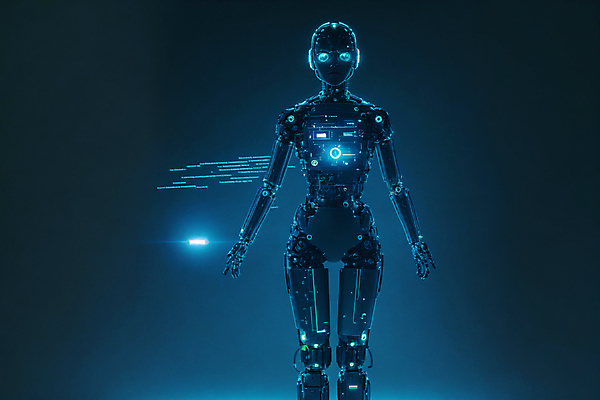 JPG 편집이미지 미래 사람모양 서기 사람없음 빛 디지털 로봇 네온 청록색 휴머노이드 SF AI_인공지능 편집실사 AI컴퓨터그래픽 AI콘텐츠 모양 컬러 컨셉 모션 CG 파일형식