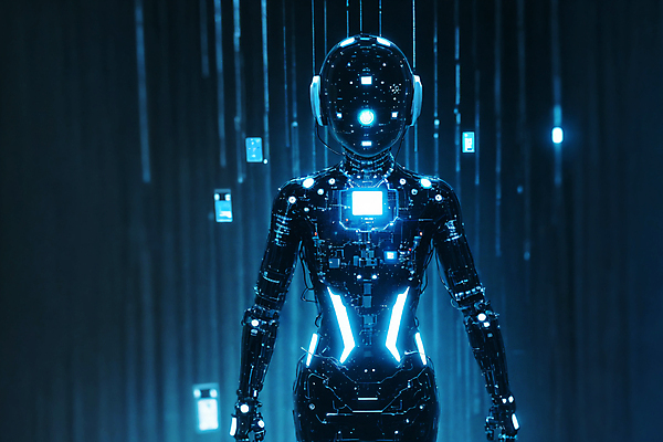 JPG 편집이미지 미래 사람모양 서기 사람없음 파란색 빛 디지털 로봇 네온 휴머노이드 SF AI_인공지능 편집실사 AI컴퓨터그래픽 AI콘텐츠 모양 컬러 컨셉 모션 CG 파일형식