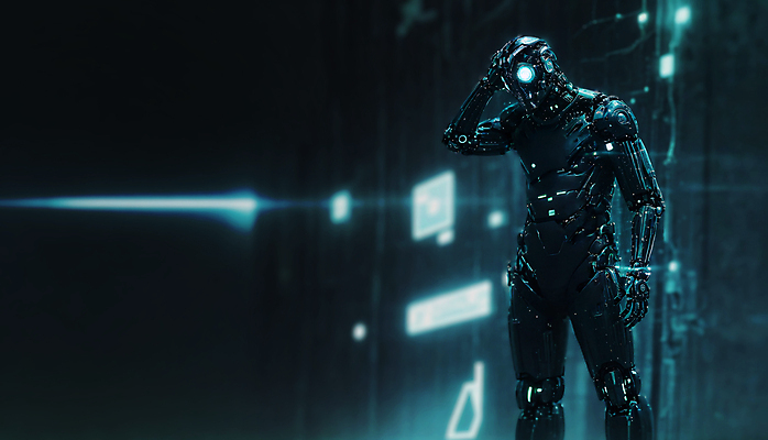 JPG 편집이미지 생각 미래 사람모양 서기 사람없음 빛 디지털 로봇 네온 청록색 휴머노이드 SF AI_인공지능 편집실사 AI컴퓨터그래픽 AI콘텐츠 모양 컬러 컨셉 모션 CG 파일형식