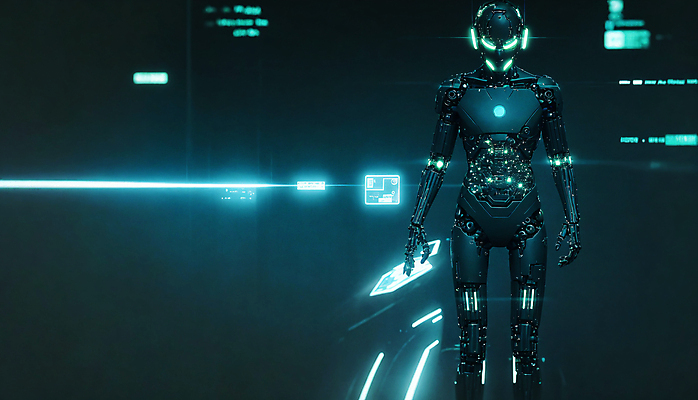 JPG 편집이미지 미래 사람모양 서기 사람없음 빛 디지털 로봇 네온 청록색 휴머노이드 SF AI_인공지능 편집실사 AI컴퓨터그래픽 AI콘텐츠 모양 컬러 컨셉 모션 CG 파일형식