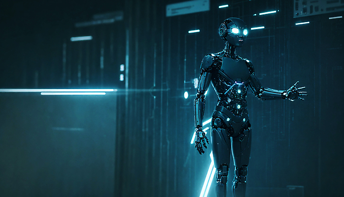 JPG 편집이미지 미래 사람모양 서기 사람없음 빛 손들기 디지털 손내밀기 로봇 네온 청록색 휴머노이드 SF AI_인공지능 편집실사 AI컴퓨터그래픽 AI콘텐츠 모양 컬러 컨셉 모션 손짓 CG 파일형식