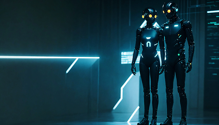 JPG 편집이미지 응시 미래 사람모양 서기 사람없음 빛 디지털 로봇 네온 청록색 휴머노이드 SF AI_인공지능 편집실사 AI컴퓨터그래픽 AI콘텐츠 모양 시선 컬러 컨셉 모션 CG 파일형식