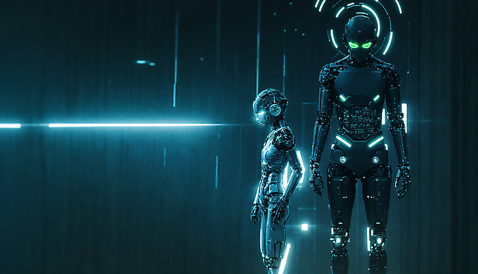 JPG 편집이미지 미래 사람모양 서기 사람없음 빛 디지털 로봇 네온 청록색 휴머노이드 SF AI_인공지능 편집실사 AI컴퓨터그래픽 AI콘텐츠 모양 컬러 컨셉 모션 CG 파일형식