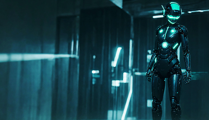 JPG 편집이미지 미래 사람모양 서기 사람없음 빛 디지털 로봇 네온 청록색 내려보기 휴머노이드 SF AI_인공지능 편집실사 AI컴퓨터그래픽 AI콘텐츠 모양 컬러 컨셉 모션 CG 파일형식