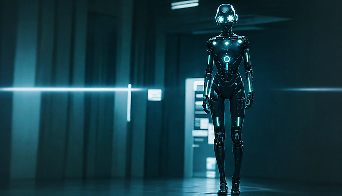 JPG 편집이미지 미래 사람모양 서기 사람없음 빛 디지털 로봇 네온 청록색 휴머노이드 SF AI_인공지능 편집실사 AI컴퓨터그래픽 AI콘텐츠 모양 컬러 컨셉 모션 CG 파일형식