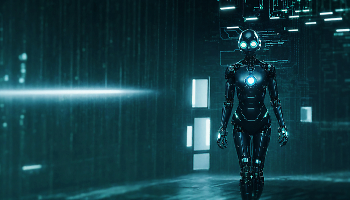 JPG 편집이미지 미래 사람모양 서기 사람없음 빛 디지털 로봇 네온 청록색 휴머노이드 SF AI_인공지능 편집실사 AI컴퓨터그래픽 AI콘텐츠 모양 컬러 컨셉 모션 CG 파일형식