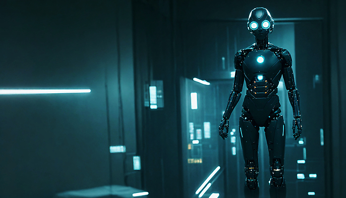 JPG 편집이미지 미래 사람모양 서기 사람없음 빛 디지털 로봇 네온 청록색 휴머노이드 SF AI_인공지능 편집실사 AI컴퓨터그래픽 AI콘텐츠 모양 컬러 컨셉 모션 CG 파일형식