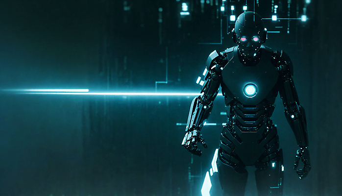 JPG 편집이미지 미래 사람모양 서기 사람없음 빛 걷기 디지털 로봇 네온 청록색 휴머노이드 SF AI_인공지능 편집실사 AI컴퓨터그래픽 AI콘텐츠 모양 컬러 컨셉 모션 CG 파일형식