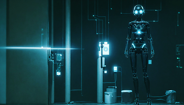 JPG 편집이미지 미래 사람모양 서기 사람없음 빛 디지털 로봇 네온 청록색 휴머노이드 SF AI_인공지능 편집실사 AI컴퓨터그래픽 AI콘텐츠 모양 컬러 컨셉 모션 CG 파일형식