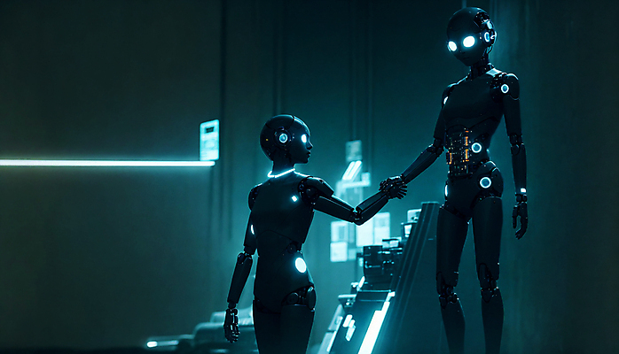 JPG 편집이미지 응시 미래 사람모양 서기 사람없음 빛 디지털 손잡기 로봇 네온 청록색 휴머노이드 SF AI_인공지능 편집실사 AI컴퓨터그래픽 AI콘텐츠 모양 시선 컬러 컨셉 모션 CG 파일형식