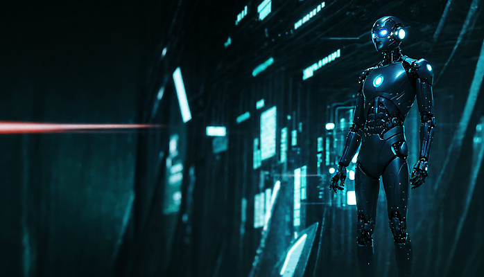 JPG 편집이미지 미래 사람모양 서기 사람없음 빛 디지털 로봇 네온 청록색 휴머노이드 SF AI_인공지능 편집실사 AI컴퓨터그래픽 AI콘텐츠 모양 컬러 컨셉 모션 CG 파일형식