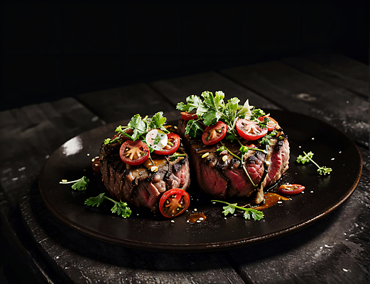 JPG 스튜디오촬영 편집이미지 접시 음식 방울토마토 육류 스테이크 사람없음 토핑 편집실사 AI포토 AI콘텐츠 식기 토마토 식재료 서양음식 실내 CG 파일형식