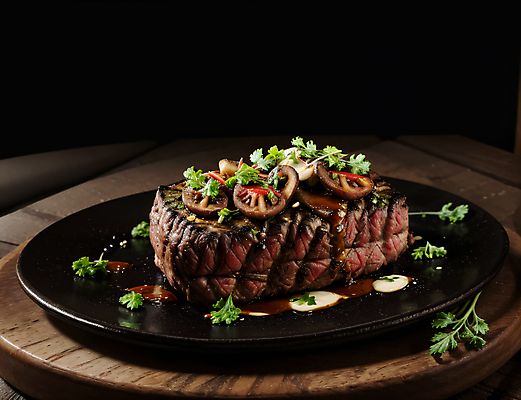 JPG 스튜디오촬영 편집이미지 접시 음식 채소 육류 스테이크 사람없음 양송이 토핑 나무쟁반 편집실사 AI포토 AI콘텐츠 식기 식재료 쟁반 서양음식 실내 목재 버섯 CG 파일형식