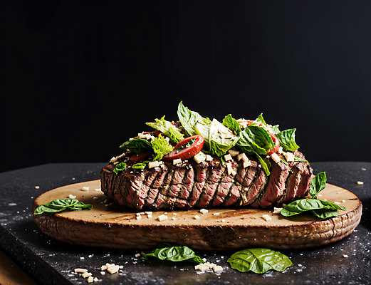 JPG 스튜디오촬영 편집이미지 음식 육류 스테이크 사람없음 토핑 바질 나무쟁반 편집실사 AI포토 AI콘텐츠 식재료 쟁반 서양음식 실내 목재 CG 파일형식