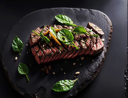 JPG 스튜디오촬영 편집이미지 음식 육류 스테이크 사람없음 하이앵글 토핑 바질 돌판 편집실사 AI포토 AI콘텐츠 뷰포인트 식재료 서양음식 실내 돌_바위 CG 파일형식